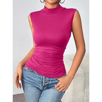Zeagoo Women's Mock Neck Slim Fitted Sleeveless Tops Stretchy Basic Casual Layer Tee Shirts