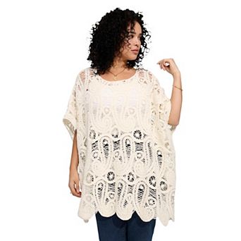 Roaman's Women's Plus Size Crochet Paisley Openwork Scoop Neck Poncho