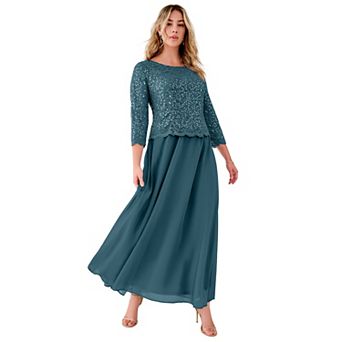 Roaman's Women's Plus Size Extended Plus Size Sequin Lace Three Quarter Sleeve A-Line Gown