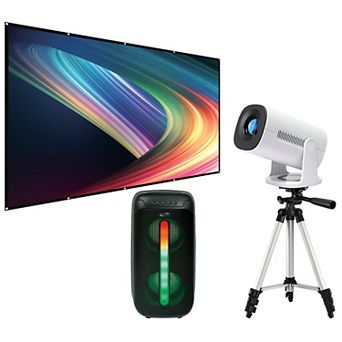 iLive Pop-Up Movie Theater Kit with 720p Projector, 120-Inch Projection Screen, Bluetooth Speaker & Tripod