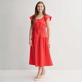 Women's Sandra Darren Flutter Sleeve Elastic Waist Tiered Midi Dress