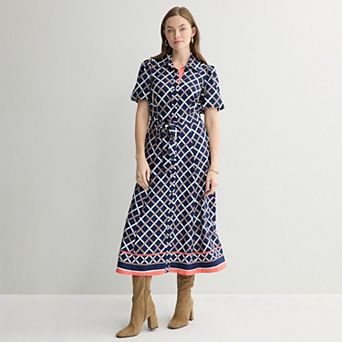 Women's Sandra Darren Short Puff Sleeve Midi Shirt Dress