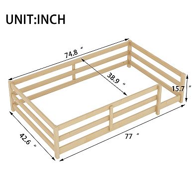 Pnronnc Kids Platform Bed Wooden Floor Bed Frame with Safety Railing