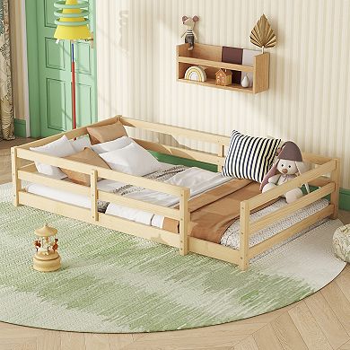 Pnronnc Kids Platform Bed Wooden Floor Bed Frame with Safety Railing