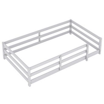 Pnronnc Kids Platform Bed Wooden Floor Bed Frame with Safety Railing