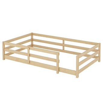 Pnronnc Kids Platform Bed Wooden Floor Bed Frame with Safety Railing