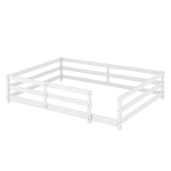 Pnronnc Kids Platform Bed Wooden Floor Bed Frame with Safety Railing