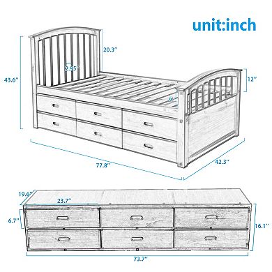 Pnronnc Twin Size Solid Wood Bed Frame Storage Platform Bed with 6 Drawers