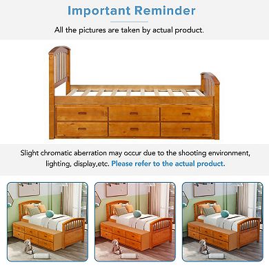 Pnronnc Twin Size Solid Wood Bed Frame Storage Platform Bed with 6 Drawers