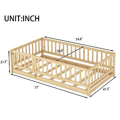 Pnronnc Platform Bed Wooden Floor Bed Frame with Fence and Door