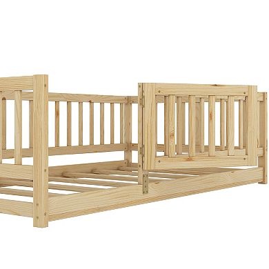 Pnronnc Platform Bed Wooden Floor Bed Frame with Fence and Door