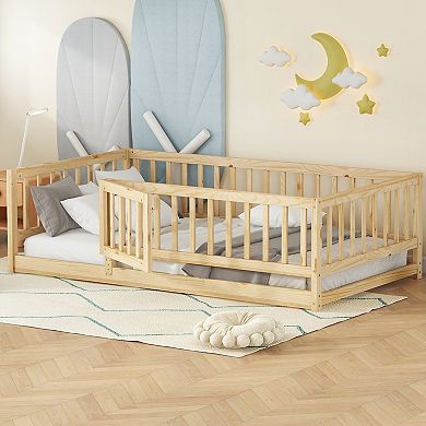 Pnronnc Platform Bed Wooden Floor Bed Frame with Fence and Door