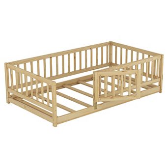 Pnronnc Platform Bed Wooden Floor Bed Frame with Fence and Door