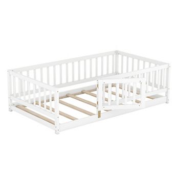 Pnronnc Platform Bed Wooden Floor Bed Frame with Fence and Door