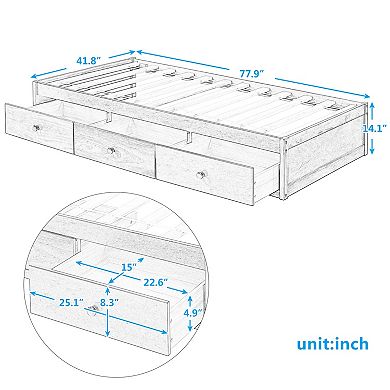 Pnronnc Twin Size Platform Bed with 3 Drawers Solid Wood Storage Bed Frame
