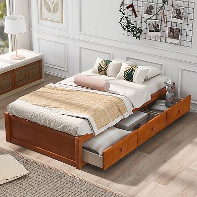 Pnronnc Twin Size Platform Bed with 3 Drawers Solid Wood Storage Bed Frame