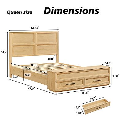 Pnronnc Platform Bed Wooden Storage Bed Frame with 3D Geometric Headboard, Bench and 4 Drawers