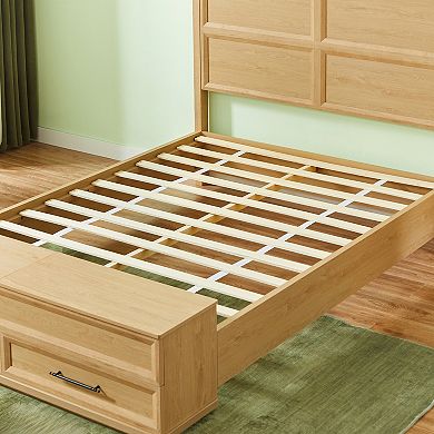 Pnronnc Platform Bed Wooden Storage Bed Frame with 3D Geometric Headboard, Bench and 4 Drawers