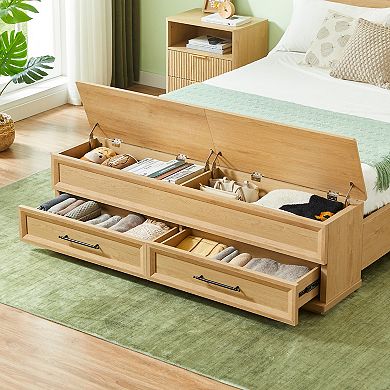 Pnronnc Platform Bed Wooden Storage Bed Frame with 3D Geometric Headboard, Bench and 4 Drawers