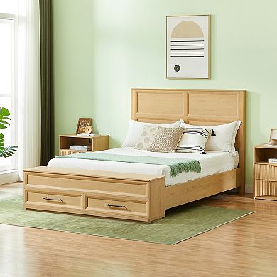 Pnronnc Platform Bed Wooden Storage Bed Frame with 3D Geometric Headboard, Bench and 4 Drawers