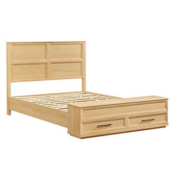 Pnronnc Platform Bed Wooden Storage Bed Frame with 3D Geometric Headboard, Bench and 4 Drawers