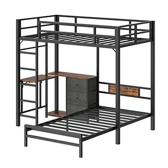 Pnronnc Twin Over Twin Metal Storage Bunk Bed Frame with Folding Desk, LED Lights & Charging Station