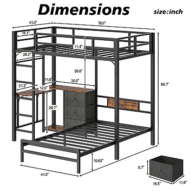 Pnronnc Twin Over Twin Metal Storage Bunk Bed Frame with Folding Desk, LED Lights & Charging Station