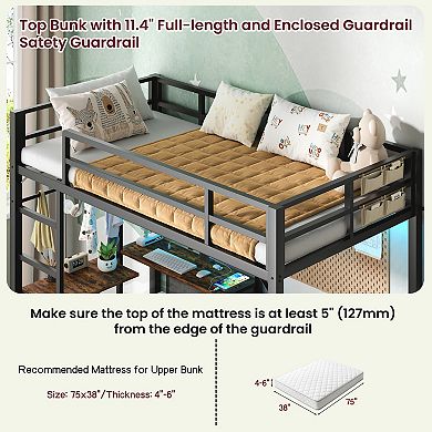 Pnronnc Twin Over Twin Metal Storage Bunk Bed Frame with Folding Desk, LED Lights & Charging Station