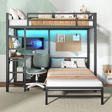 Pnronnc Twin Over Twin Metal Storage Bunk Bed Frame with Folding Desk, LED Lights & Charging Station