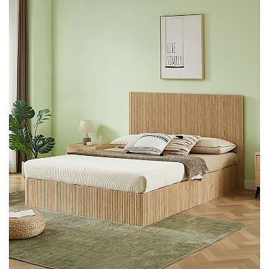 Pnronnc Gas Spring Lift Up Storage Bed Frame Wood Ripples Hydraulics Platform Bed