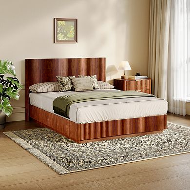 Pnronnc Modern Platform Bed Corrugated Curved Lines Wooden Bed Frame with LED Lights