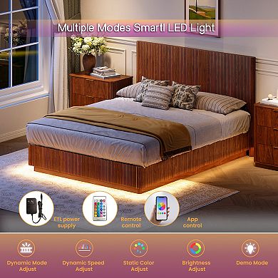 Pnronnc Modern Platform Bed Corrugated Curved Lines Wooden Bed Frame with LED Lights