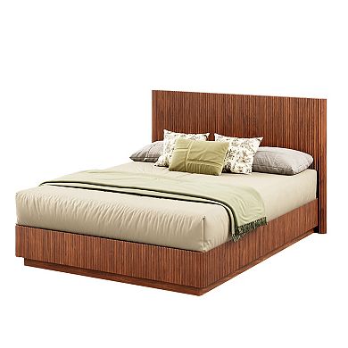 Pnronnc Modern Platform Bed Corrugated Curved Lines Wooden Bed Frame with LED Lights