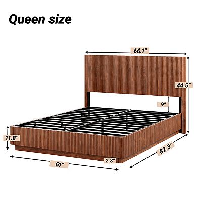 Pnronnc Modern Platform Bed Corrugated Curved Lines Wooden Bed Frame with LED Lights