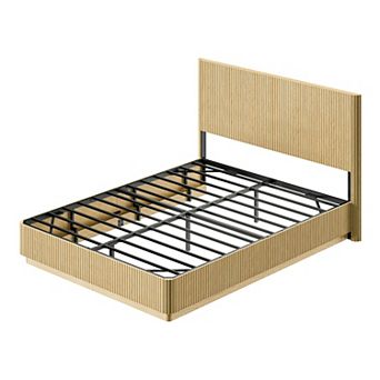 Pnronnc Modern Platform Bed Corrugated Curved Lines Wooden Bed Frame with LED Lights