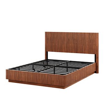 Pnronnc Modern Platform Bed Corrugated Curved Lines Wooden Bed Frame with LED Lights