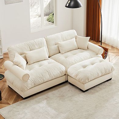 Pnronnc Small L Shape Sofa Velvet Sofa Couch with Footstool and Pillows