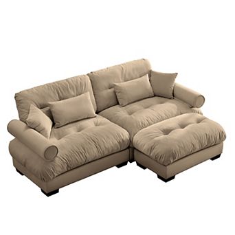 Pnronnc Small L Shape Sofa Velvet Sofa Couch with Footstool and Pillows