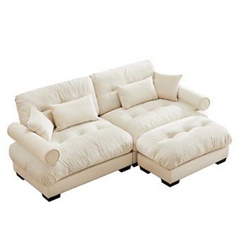 Pnronnc Small L Shape Sofa Velvet Sofa Couch with Footstool and Pillows