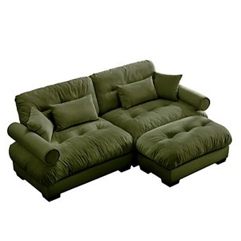 Pnronnc Small L Shape Sofa Velvet Sofa Couch with Footstool and Pillows