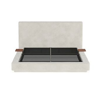 Pnronnc Platform Bed Frame Chenille Cloud Upholstered Bed with Adjustable Sliding Side Table