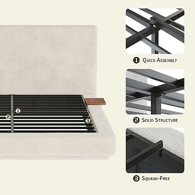 Pnronnc Platform Bed Frame Chenille Cloud Upholstered Bed with Adjustable Sliding Side Table