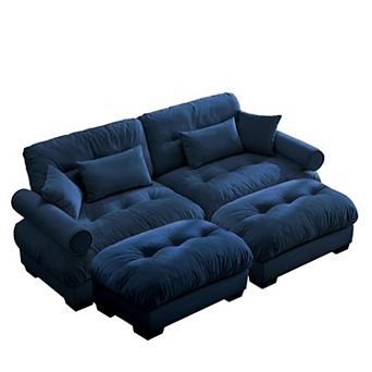 Pnronnc Modern Velvet 2 Seater Sofa with Footstool, Waist Pillow and Throw Pillows