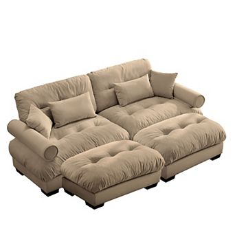 Pnronnc Modern Velvet 2 Seater Sofa with Footstool, Waist Pillow and Throw Pillows