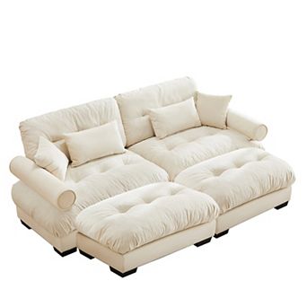 Pnronnc Modern Velvet 2 Seater Sofa with Footstool, Waist Pillow and Throw Pillows