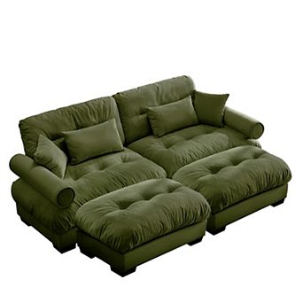 Pnronnc Modern Velvet 2 Seater Sofa with Footstool, Waist Pillow and Throw Pillows