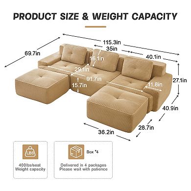 Pnronnc Modern U-Shaped Modular Sectional Sofa Corduroy Couch with Movable Footstool and Pillow