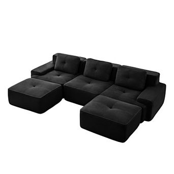 Pnronnc Modern U-Shaped Modular Sectional Sofa Corduroy Couch with Movable Footstool and Pillow