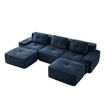 Pnronnc Modern U-Shaped Modular Sectional Sofa Corduroy Couch with Movable Footstool and Pillow