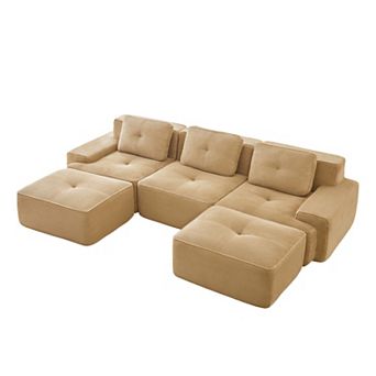 Pnronnc Modern U-Shaped Modular Sectional Sofa Corduroy Couch with Movable Footstool and Pillow